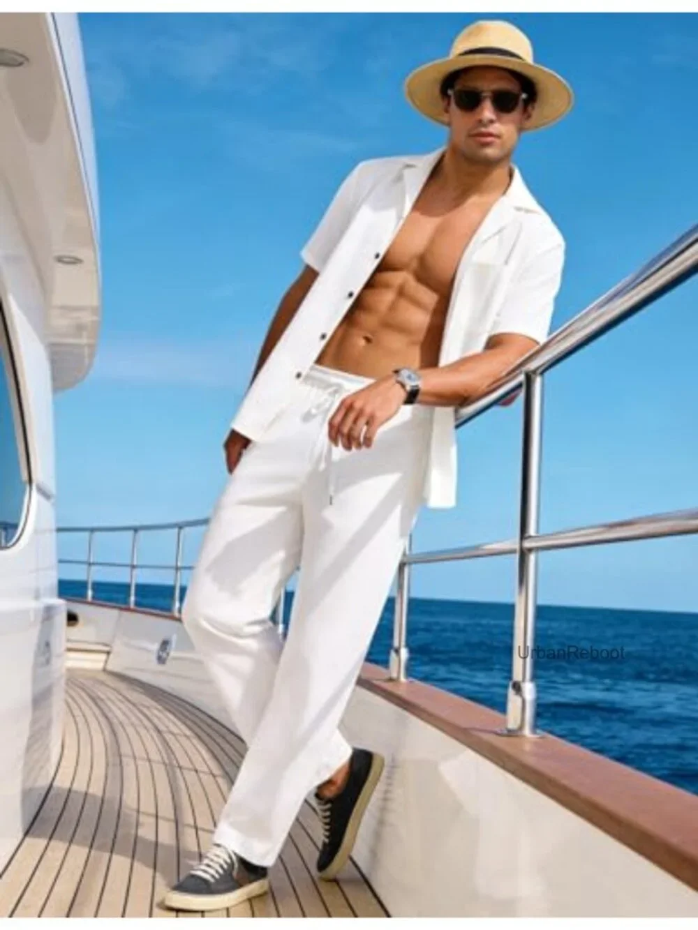 Mens 2 Piece Linen Set Summer Beach Button Down Shirt Long Pant Vacation Casual